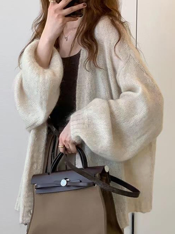 Einfarbiger Baggy-Cardigan aus Mohair mit Laternenärmeln-1