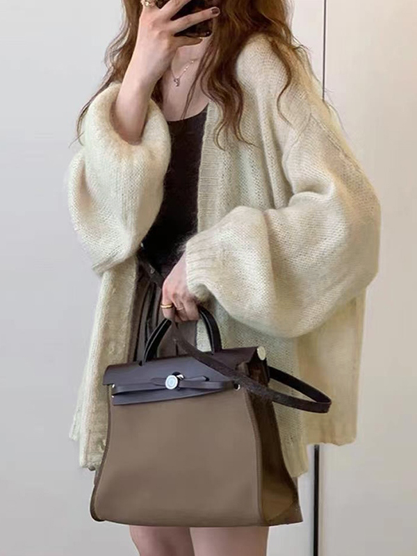 Einfarbiger Baggy-Cardigan aus Mohair mit Laternenärmeln-2