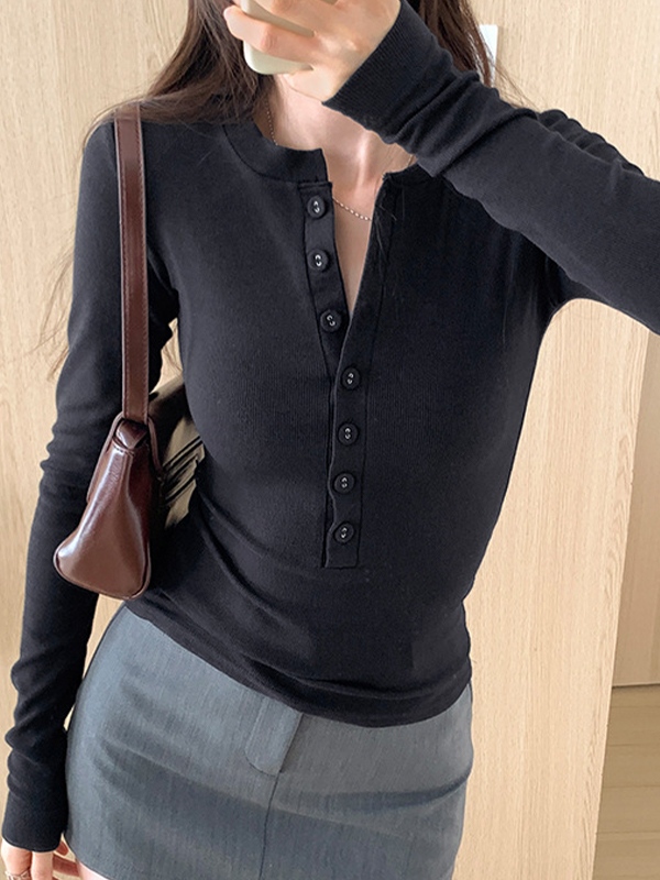 Einfarbiger, schmaler Langarmstrick-2