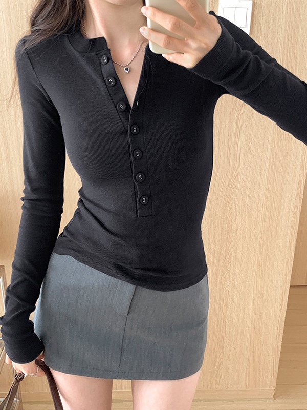 Einfarbiger, schmaler Langarmstrick-1